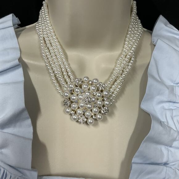 CLASSY ELEGANT FASHION FAUX PEARLS‎ BEADS RHINESTONES STATEMENT NECKLACE WEDDING - Picture 1 of 8